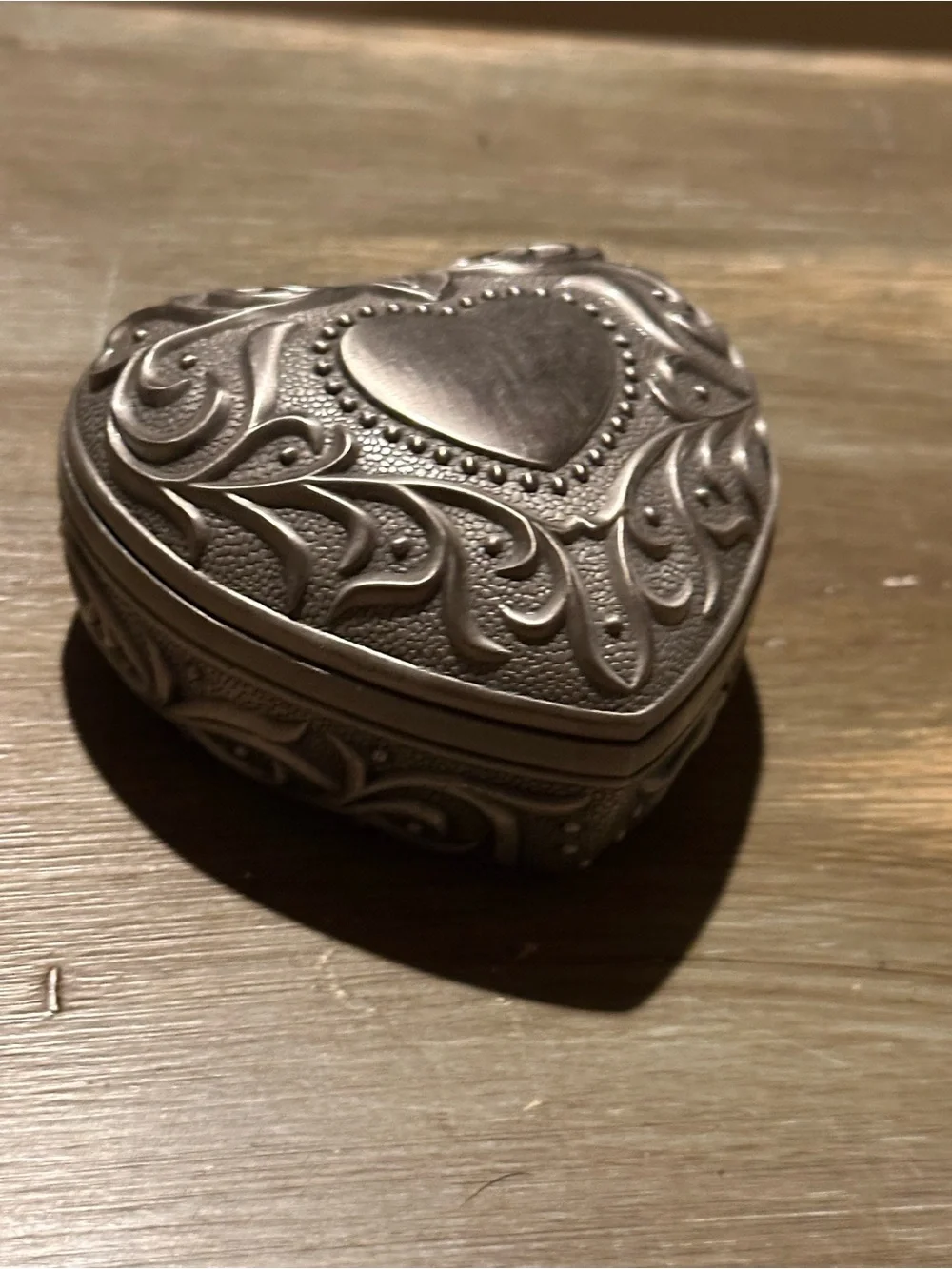 Heart-Shaped Embossed Metal Trinket Box - Silver Tone